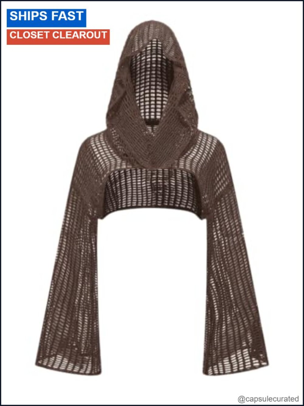 Y2K Hollow Out Knit Cropped Shrug Long Flare Sleeve Sheer Pullover